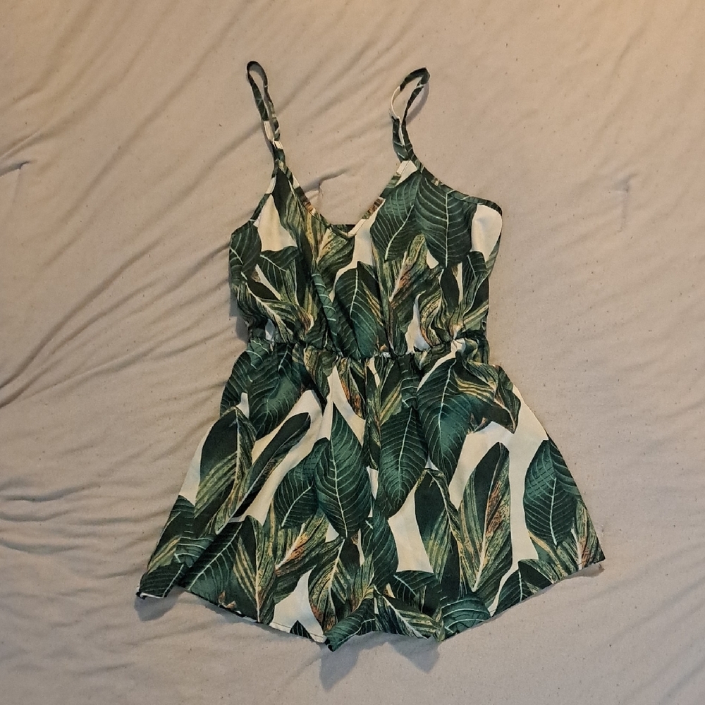 Cream and Green Tropical Print Romper